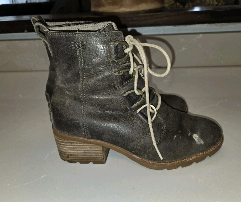 Sorel Gray Leather Lace Up Ankle Boots Side Zip Block Heel Women's 7.5